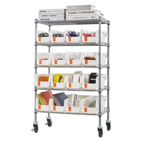 VEVOR Standregal, Lagerregal mit 5 Ebenen & 16 Stapelboxen, Bücherregal Küchenregal mit Rollen, Fahrregal für Garage, Lager, Büro, Restaurant, Klassenzimmer, Küche, 610x355x1065 mm – Bild 8