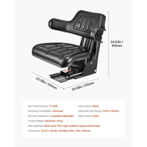 VEVOR Universal Gabelstaplersitz 61x51x51 cm, Traktorsitz, Schleppersitz, Treckersitz, Staplersitz, Traktor Sitz PVC-Kunstleder und hochelastischem Polyurethanschaum, ideal für Kompaktlader-Bulldozer – Bild 6