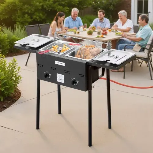 VEVOR Propan-Fritteuse Outdoor gewerbliche Fritteuse mit 2 Tanks (9 L x 2), Edelstahl-Kocher mit faltbarer Plattform & Doppelkorb & Wärmeregulierung, Standfritteusen für Restaurants Snackbars – Bild 7