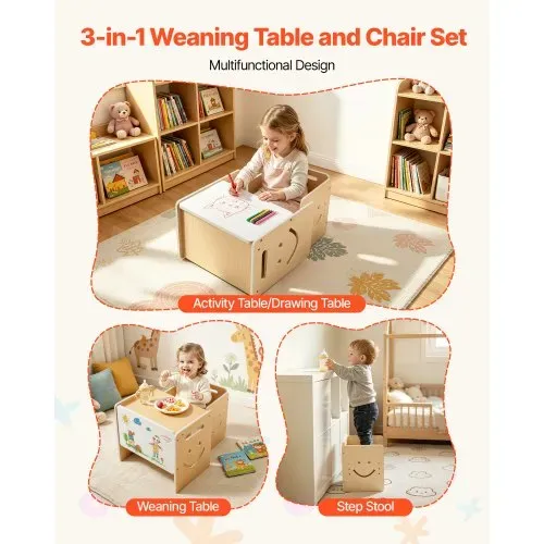 VEVOR Montessori-Tisch- & Stuhlset, Holz, Kindersitzgruppe für Kleinkinder von 1-5 Jahren, Tritthocker mit Whiteboard & 3-Fach Höhenverstellbar, zum Essen, Zeichnen, Lesen & Spielen – Bild 3