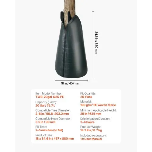 VEVOR Baumbewässerungssack 75,7L 25er-Pack, PE-Bewässerungsbeutel mit Reißverschluss, Wassersack für Bäume zur 3–4 Stunden Bewässerung, Bewässerungssack, Bewässerungssystem für Sommer – Bild 6