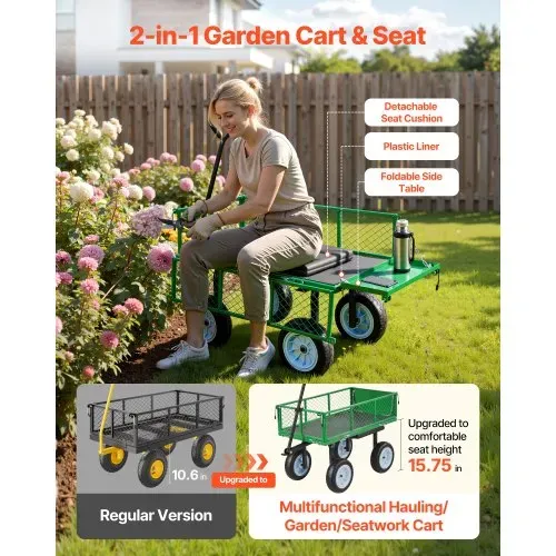 VEVOR Bollerwagen 226,8 kg Tragkraft, Gartenwagen mit Sitz & PU-Rädern, Transportwagen mit Werkzeugablage & Verstellbarem Griff, Gerätewagen für Rasen, Terrasse, Garten & Grünflächen, – Bild 2