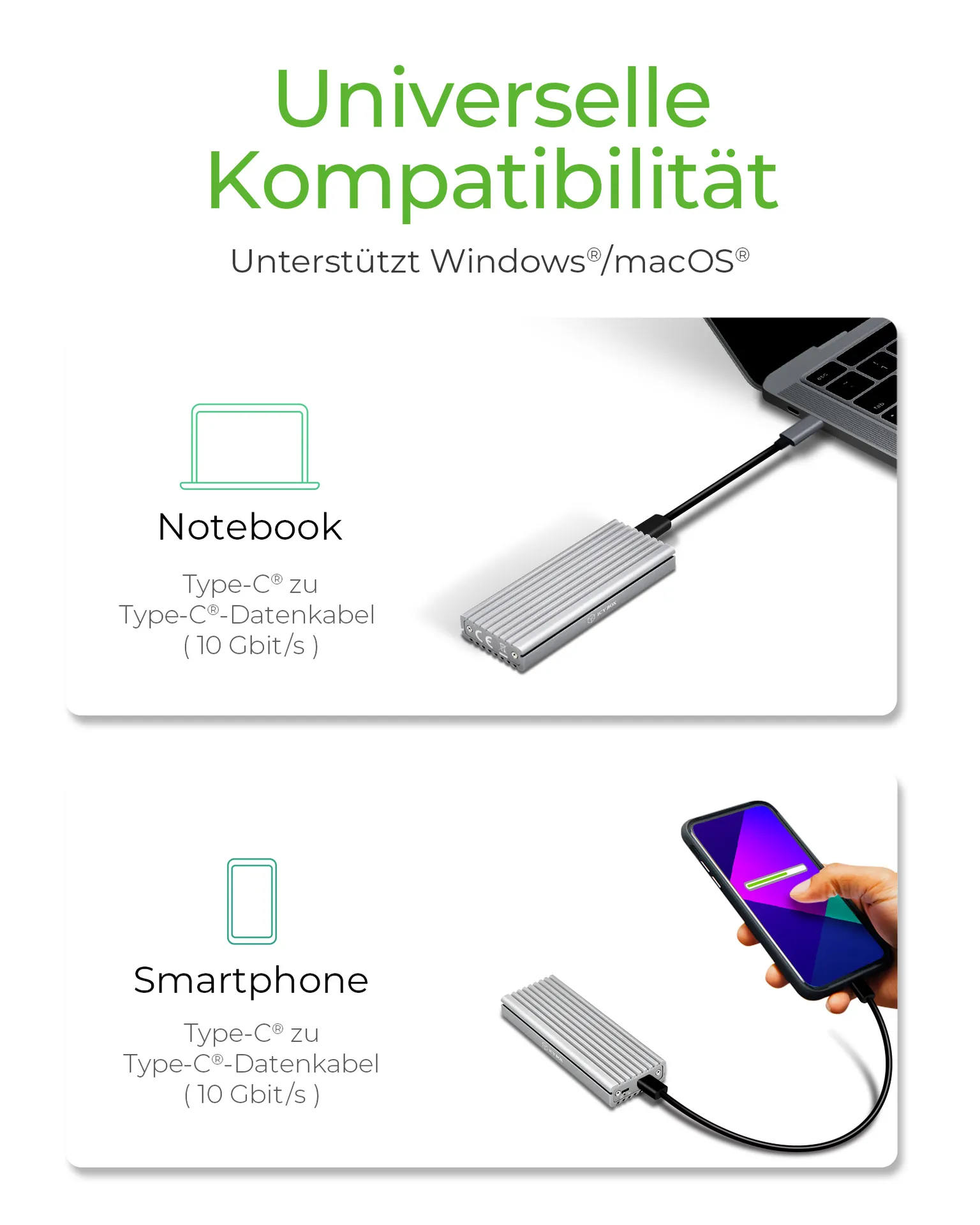 ICY BOX IB-1817Ma-C31, Type-C® USB 3.2 Gen 2 zu PCIe NVMe M.2 2230/2242/2260/2280 SSD Gehäuse mit Schreibschutz – Bild 2