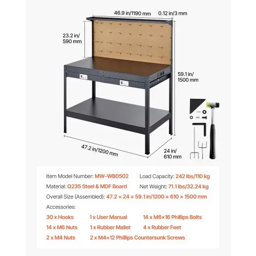 VEVOR Werkbank mit Lochwand, 110kg Belastbarer Arbeitstisch inkl. 2 Ablagefächer 2 Schubladen LED-Beleuchtung & Integrierter Steckdosenleiste mit USB, Multifunktionstisch mit Werkzeugwand für Heimwerk – Bild 6