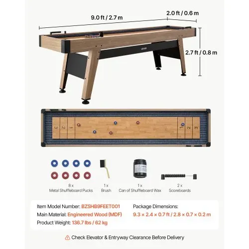 VEVOR Shuffleboard-Tisch 2,7 m mit 8 Pucks für das Spielzimmer zu Hause, Kratzfeste Spielfläche für Flüssiges und Schnelles Puckspiel, Sockelbeine mit Nivellierfüßen für Stabilität, Wachs und Bürste – Bild 6