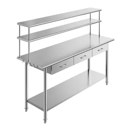 VEVOR Gastronomie Arbeitstisch 1829 x 610 x 1400 mm, Edelstahltisch mit Grundboden & 3 Schubladen & Doppelaufsatzbord, Gewerblicher Vorbereitungstisch Werkbank für Restaurant Garage Küchentisch – Bild 10