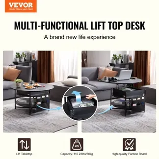 VEVOR Couchtisch mit anhebbarer Platte, 35,3 Zoll runder Couchtisch mit zusätzlichen Aufbewahrungstaschen, aufklappbarer Couchtisch für das Wohnzimmer, schwarz VEVOR Couchtisch mit anhebbarer Platte, 35,3 Zoll runder Couchtisch mit zusätzlichen Aufbewahrungstaschen, aufklappbarer Couchtisch für das Wohnzimmer, schwarz