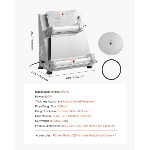 VEVOR elektrische Pizzateigpresse 355,6 mm Gebäck-Pressplatte, Brotpresse 390 W aus Edelstahl, kommerzieller Chapati Presse, Formmaschine mit einstellbarer Dicke & Teigpressdeckel, 260 Stk./h – Bild 6