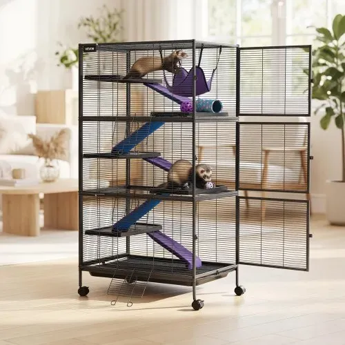 VEVOR Kleintierkäfig Metall Frettchenkäfig Kleintiergehege 80x52x149 cm, Frettchen Chinchillas Gleithörnchen Meerschweinchen & Kaninchen 6-Stöckig 13,97 mm Drahtabstand Feststellbare Schwenkrolle – Bild 7