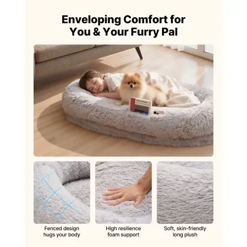 VEVOR Hundebett für Menschen & Hunde, 132x86x24 cm, Memory-Schaum-Hundebett in Menschengröße, mit Seitentasche, Griff & Reißverschluss, abnehmbarer, maschinenwaschbarer Bezug, Langplüsch, Grau – Bild 2