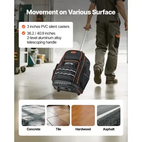VEVOR Werkzeugrucksack mit Rollen, 50 kg Tragkraft, 72 Taschen, Werkzeugtasche, verstellbarer Teleskopgriff & stabile Basis, Arbeitsrucksack-Organizer für Bau & Mechanik, 450x275x560 mm – Bild 3