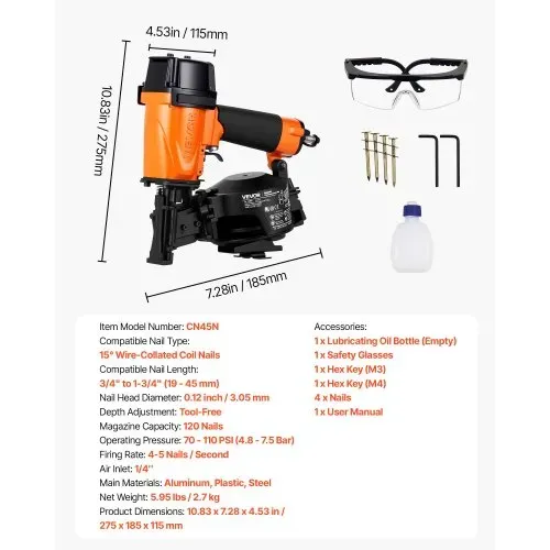 VEVOR Druckluft-Coilnagler CN45C, 15° Druckluftnagler für 19-45 mm Nägel 4,8-7,5 Bar Zylinderbetriebener Drucklufttacker mit 120 Magazinkapazität, Nagelpistole mit Kontaktauslöser für Dachschalung – Bild 6
