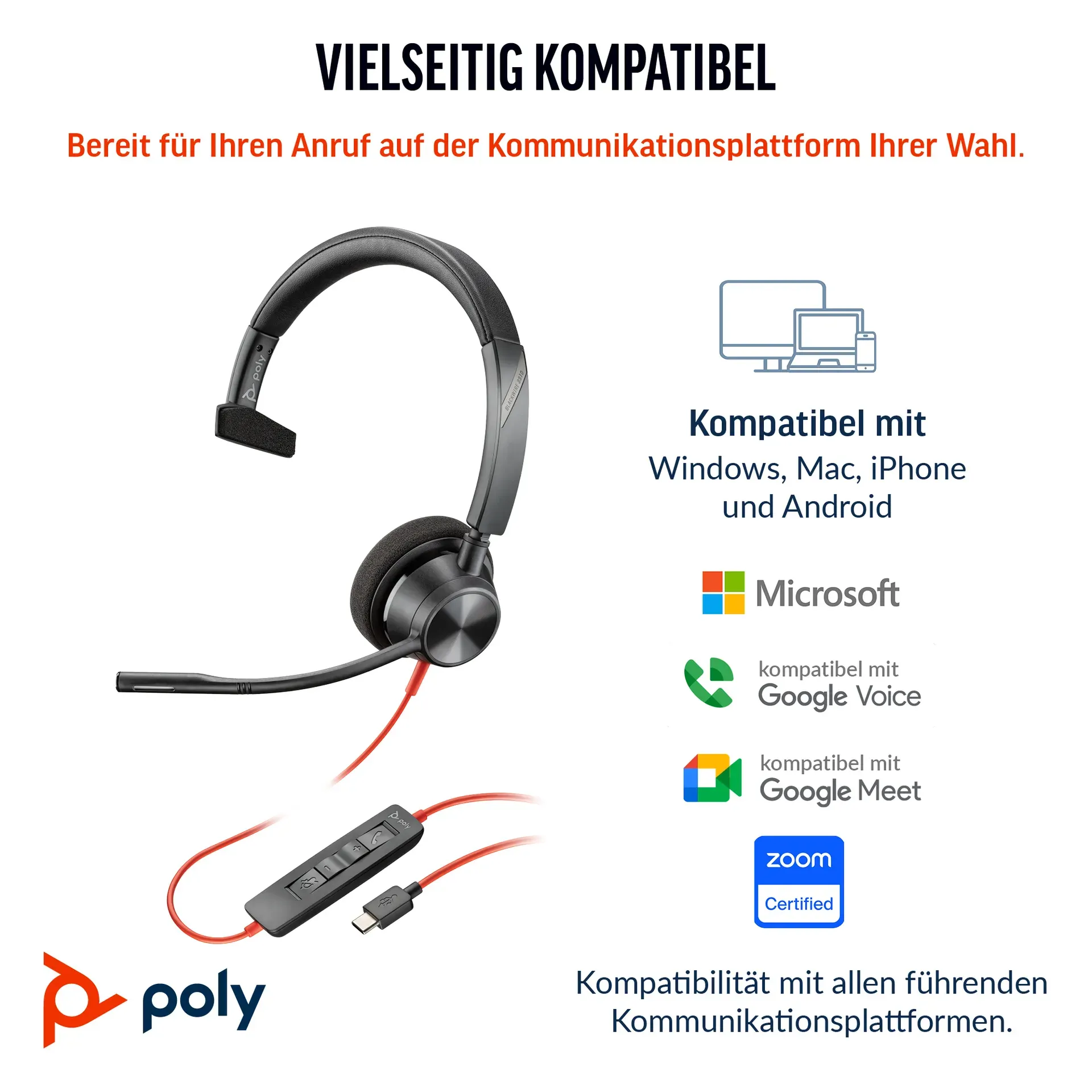 HP Poly Blackwire 3310 Monaurales USB-C-Headset + USB-C/A-Adapter – Bild 3