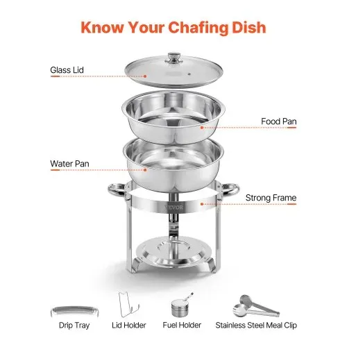VEVOR Chafing Dish Buffet Speisenwärmer mit 4 Behältern in voller Größe (4,7 L pro), runder Catering-Wärmespender mit Glasdeckel & Wasserpfanne & klappbarer Ständer, für Hochzeiten Buffet Silber – Bild 6