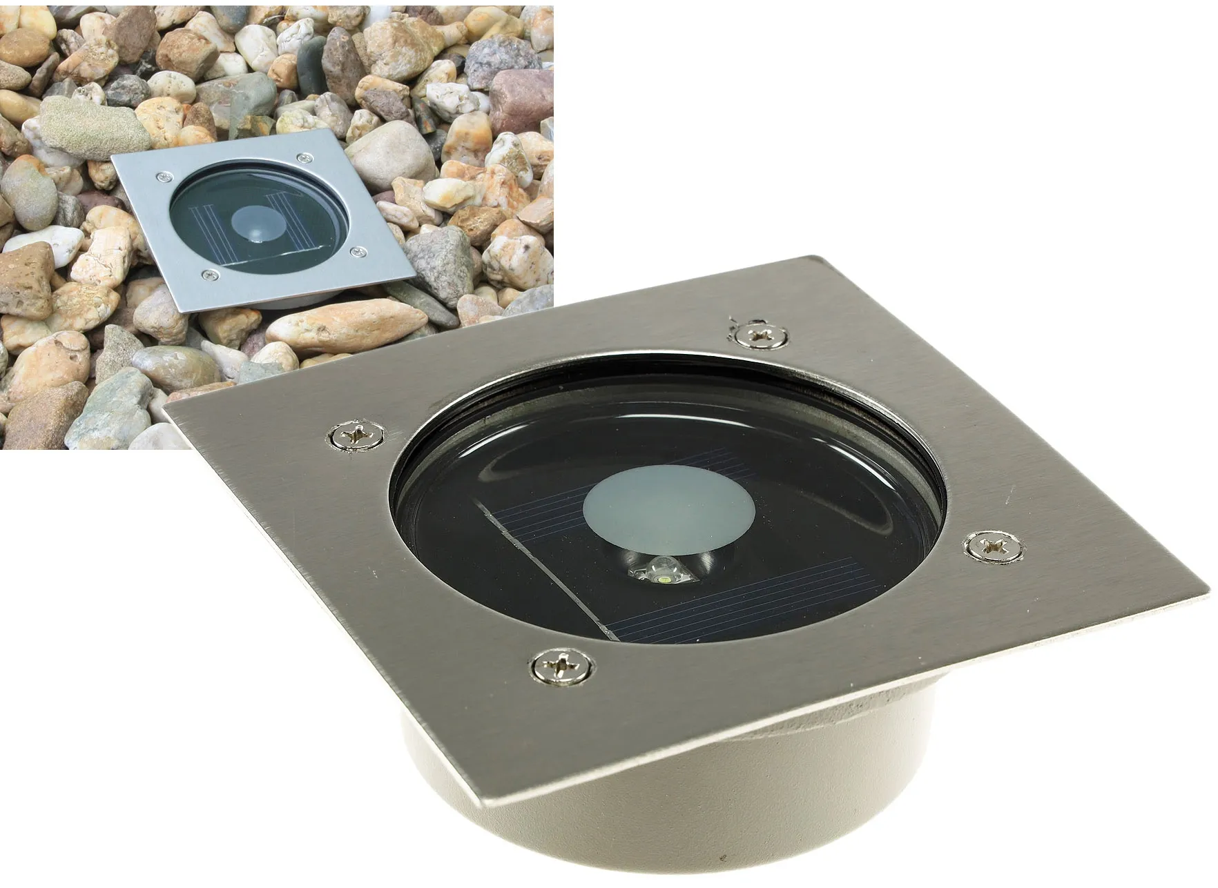 Solar LED Bodenstrahler „CTB-E“, eckig 105x105x40mm, IP44, Edelstahl-Front Solar LED Bodenstrahler „CTB-E“, eckig 105x105x40mm, IP44, Edelstahl-Front