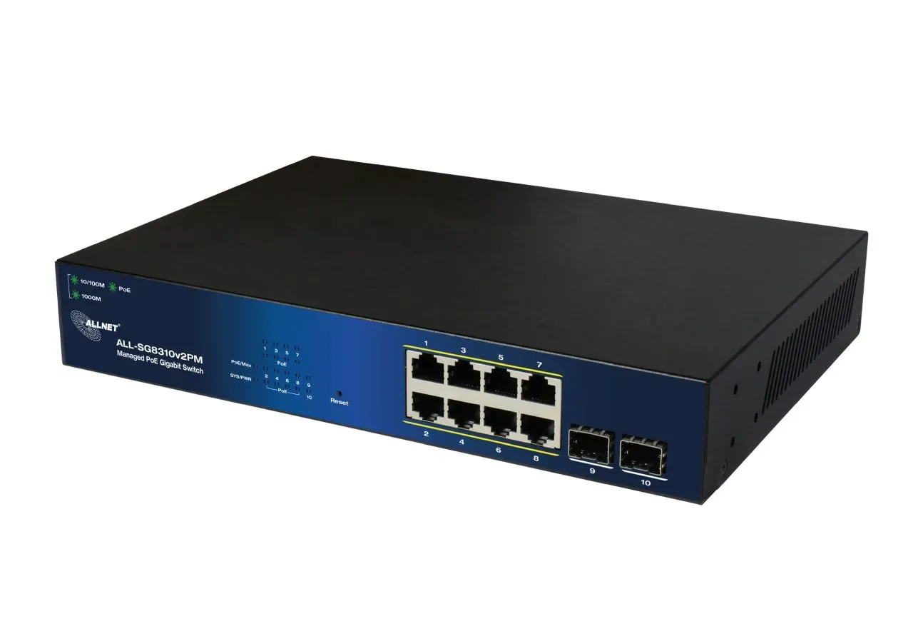 ALLNET Switch smart managed Layer2 10 Port • PoE Budget 140W • 8x PoE at • 2x SFP • 19″ • Lüfterlos • ALL-SG8310v2PM ALLNET Switch smart managed Layer2 10 Port • PoE Budget 140W • 8x PoE at • 2x SFP • 19″ • Lüfterlos • ALL-SG8310v2PM