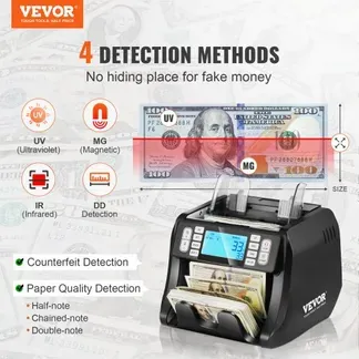 VEVOR Geldzählmaschine, Banknotenzähler mit UV-, MG-, IR- und DD-Falschgelderkennung, USD- und EUR-Geldzählmaschine mit Additions- und Batch-Modus, Großes LCD & Externes Display VEVOR Geldzählmaschine, Banknotenzähler mit UV-, MG-, IR- und DD-Falschgelderkennung, USD- und EUR-Geldzählmaschine mit Additions- und Batch-Modus, Großes LCD & Externes Display
