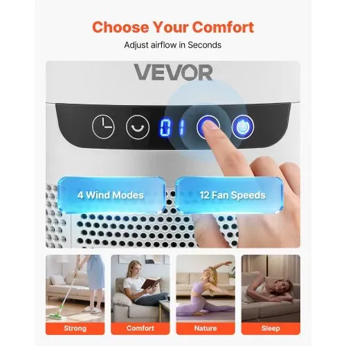 VEVOR Blattloser Turmventilator, 104cm Säulenventilator mit 12 Geschwindigkeiten Max. 4.5 m/s 4 Modi 8 Std. Timer, 65° Oszillierender Standventilator mit Fernbedienung für Schlafzimmer Büro, Weiß – Bild 3