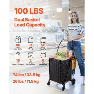 VEVOR Einkaufswagen zusammenklappbarer Einkaufstrolley mit zwei Körben & wasserfester Auskleidung & Rädern, 45,3 kg Tragkraft, 64 +10 L Einkaufsroller für Wäsche Einkaufen Camping Lebensmittel VEVOR Einkaufswagen zusammenklappbarer Einkaufstrolley mit zwei Körben & wasserfester Auskleidung & Rädern, 45,3 kg Tragkraft, 64 +10 L Einkaufsroller für Wäsche Einkaufen Camping Lebensmittel