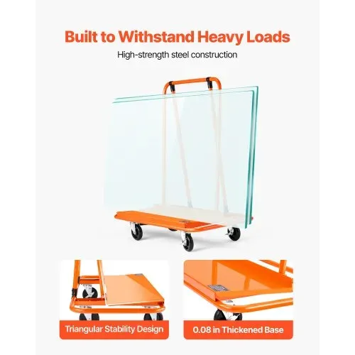 VEVOR Plattenwagen, 816 kg Tragkraft, Transportwagen mit 4 Lenkrollen, Paneelwagen, Plattenkarren mit Spanngurt, Transporthilfe für Sperrholz, Gipskarton, Glas, Orange, 1150x555x1180 mm – Bild 4