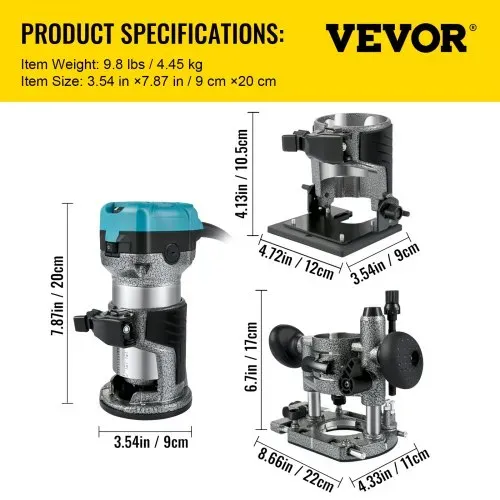 VEVOR Einhand Holz Oberfräse 710 W, Electrik Hand Holz Oberfräse 33000 U / min, Feste Basis, Neigungsbasis, Tauchbasis, 3 Spannzangen, Fräser 6,35 / 8 mm Inkl., Kurvenführung, Kantenfräse – Bild 6