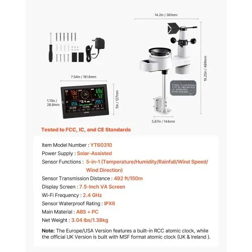 VEVOR 5-in-1-Wetterstation, 7,5-Zoll-Display, solarbetriebener Außensensor, Regenmesser, für Wettervorhersage, Temperatur, Luftfeuchtigkeitsmesser, Windgeschwindigkeit & -richtung (kein WLAN) – Bild 5
