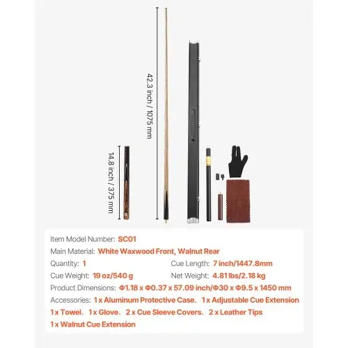 VEVOR Snookerqueue Billardqueue (1447,8 mm / 540 g) mit Verlängerungsstange & Lederspitze & Aluminiumkoffer & Handtuch, Billardstock geeignet für professionellen Billardtisch, Bar, Zuhause, Büro – Bild 6