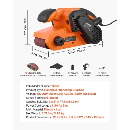 VEVOR 750W Bandschleifer Elektrischer Holzschleifer 7,6x53,3cm Bandgröße, 3,2-6,2m/s Drehzahlregelung, 10 Schleifbänder, 2 Staubbeutel, 3m Netzkabel, Staubsaugeradapter, 2-in-1 Hand- & Tischgerät – Bild 6