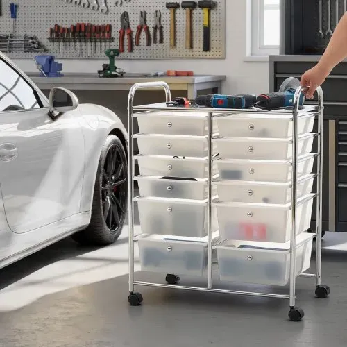 VEVOR Rollwagen mit 12 Schubladen Rollcontainer Doppelreihe 635x395x815mm, Metallgestell, Ablagefläche, Handgriffe, Lenkrolle mit 2 Bremsen, Mobiler Schubladenwagen für Büro Werkstatt Klassenzimmer – Bild 7