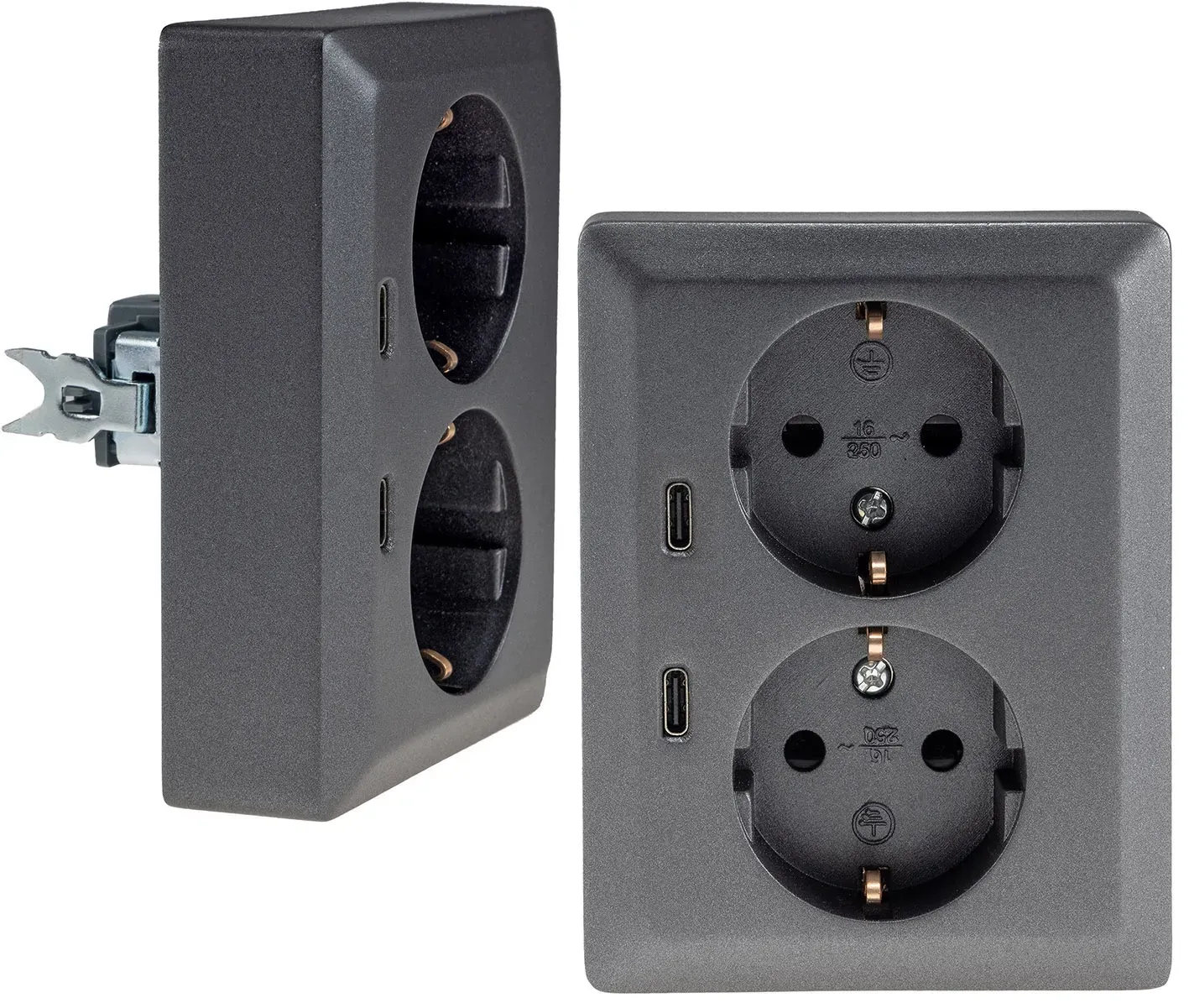 MILOS Schutzkontakt-Steckdose 2-fach 250V~/16A, 1x UP, 2x USB C/PD, anthrazit MILOS Schutzkontakt-Steckdose 2-fach 250V~/16A, 1x UP, 2x USB C/PD, anthrazit