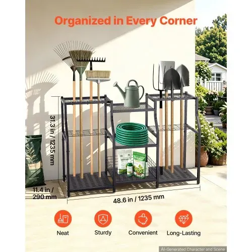 VEVOR Gartengeräte Ständer 1235x290x795mm 3-Stöckiger Gerätehalter Schwarz, Aufbewahrungsregal für Garage Schuppen Garten, Organizer aus Stahl für Besen Mopp Rechen, mit Ablagefächern & Nivellierfüßen VEVOR Gartengeräte Ständer 1235x290x795mm 3-Stöckiger Gerätehalter Schwarz, Aufbewahrungsregal für Garage Schuppen Garten, Organizer aus Stahl für Besen Mopp Rechen, mit Ablagefächern & Nivellierfüßen