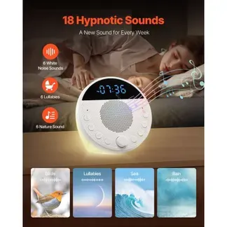 VEVOR Einschlafhilfe, White Noise Machine, 18 Musktitel, 7-farbiges Nachtlicht, 6-in-1-Soundmaschine mit weißem Rauschen & zwei Alarmen, APP, automatischer Abschalttimer & Speicherfunktion VEVOR Einschlafhilfe, White Noise Machine, 18 Musktitel, 7-farbiges Nachtlicht, 6-in-1-Soundmaschine mit weißem Rauschen & zwei Alarmen, APP, automatischer Abschalttimer & Speicherfunktion