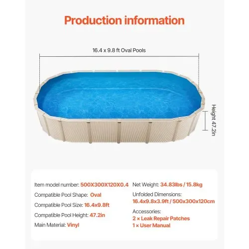 VEVOR Ovale Poolfolie, 500 x 300 x 120 cm, Innenfolie, Ersatzfolie, Innenhülle, Schwimmbadfolie, Folie aus Standard-Vinyl, verschleißfest, für Aufstellpools mit 120 cm hohen Wänden, einfarbig – Bild 6