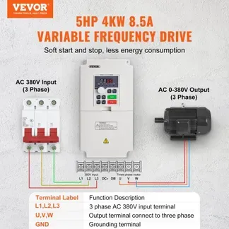 VEVOR Frequenzumrichter VFD 5PS, 4kW, 8,5A, 3-Phasen-AC, 380V Eingang auf 3-Phasen-AC, 0–380V Ausgang, Frequenzumwandler, 50/60 Hz Eingang, 0–2000Hz Ausgang, VFD zur Drehzahlregelung des Spindelmotors VEVOR Frequenzumrichter VFD 5PS, 4kW, 8,5A, 3-Phasen-AC, 380V Eingang auf 3-Phasen-AC, 0–380V Ausgang, Frequenzumwandler, 50/60 Hz Eingang, 0–2000Hz Ausgang, VFD zur Drehzahlregelung des Spindelmotors