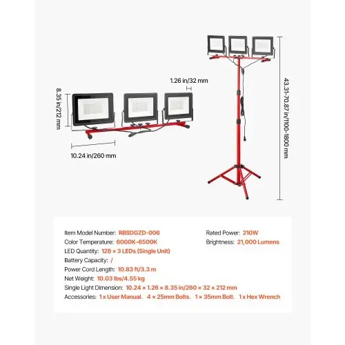 VEVOR Baustrahler LED mit Stativ, 21000 Lumen, 6000-6500K Arbeitsleuchte mit drei Köpfen, Einzelschalter, und 3,3 m Netzkabel, für Baustellenbau im Innen- und Außenbereich, IP65 wasserdicht – Bild 6