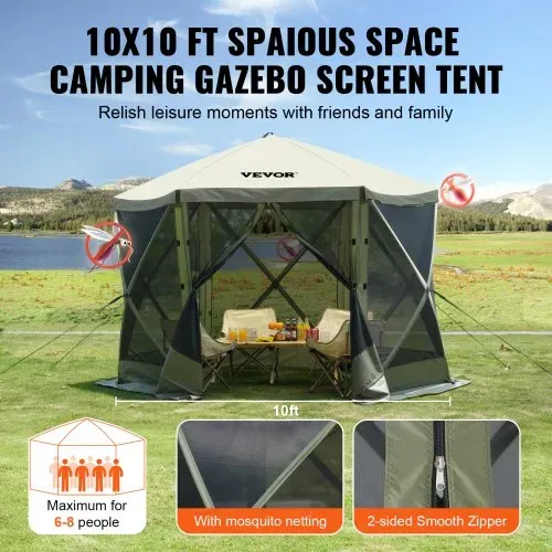 VEVOR Pop-Up-Pavillonzelt, Pop-Up-Zelt mit 6-seitigem Baldachin, Sonnenschutz mit 6 abnehmbaren Sichtschutz-Windtüchern und Netzfenstern, 10 x 10 Fuß, Schnellaufbau-Zelt mit Moskitonetz, Armeegrün – Bild 5