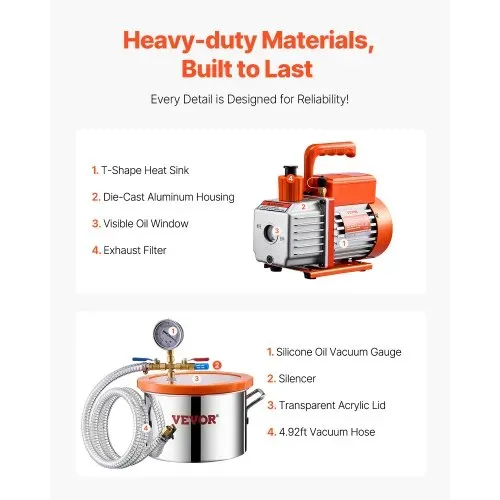 VEVOR 5,68 L Vakuumkammer und 3,5 CFM Pumpe, Edelstahlkammer, 1-stufiges Vakuumpumpen-Entgasungskammerset, mit Acryldeckel, Öl, 1,5 m Schlauch, Vacuum Pump Kit zum Entgasen von Harz-Silikon-Epoxiden – Bild 5