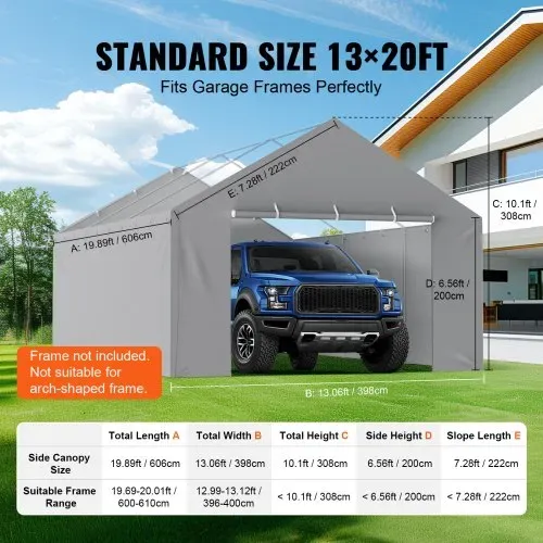 VEVOR Carport-Garagenzelt Seitenwand 606 x 398 x 308 cm, Garagenzelt-Unterstandplane, strapazierfähig, wasserdicht und UV-geschützt, grau (Oberteil und Rahmen nicht im Lieferumfang enthalten) – Bild 3