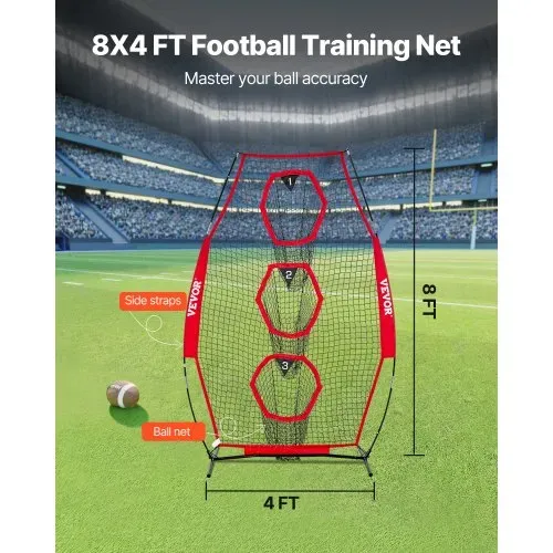 VEVOR Fußballtrainer Wurfnetz Übungsnetz (168 x 77 x 245 cm) mit 3 Zieltaschen & tragbarer Aufbewahrungstasche & Gurten, Wurfziel-Training für die Passgenauigkeit des Quarterbacks, rot – Bild 2