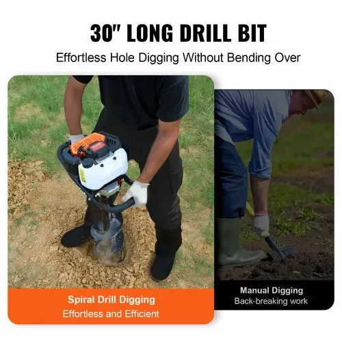 VEVOR Erdbohrer mit Benzinmotor, 52 CC, 1450 W, Benzinbohrer mit 8-Zoll-Bohrkronen und 1 Verlängerungsstange, Lochbohrer für Pfostenzäune für Ackerland, Gartenpflanzen, Orange+Schwarz – Bild 3