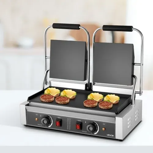 VEVOR kommerzieller Kontaktgrill 3600 W Elektrogrill Sandwichmaker (Doppelbackplatten) Panini Presse aus Edelstahl mit Temperaturregelung, 48 x 23 cm flache Emailleplatte, für Hamburger Steak Speck – Bild 7
