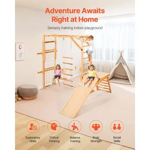 VEVOR Indoor Spielplatz Klettergerüst (8 in 1), 100 kg belastbares Montessori-Kletterspielzeug-Set mit Rutschen/Schaukeln/Klettergerüst/Turnringen/Holz-/Strickleiter/Kletternetz/Stange – Bild 4