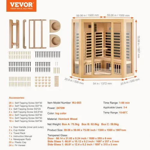 VEVOR Ferninfrarot-Holzsauna, Sauna-Spa für Zuhause, für 3 bis 4 Personen, Niedrige EMF-Ferninfrarot-Sauna aus Hemlockholz mit gehärteter Glastür & Bluetooth-Lautsprechern & Farblichttherapie, 2470 W für den Innenbereich – Bild 6