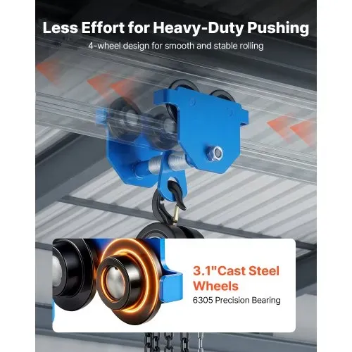 VEVOR Laufkatze mit 499 kg Tragkraft Manuelles Rollfahrwerk für I-Träger, Krankatze für Werkstatt Lager Fabrik, 53-140 mm Verstellbare Flanschbreite, 80 mm Doppelräder, Kohlenstoffstahlkonstruktion – Bild 3
