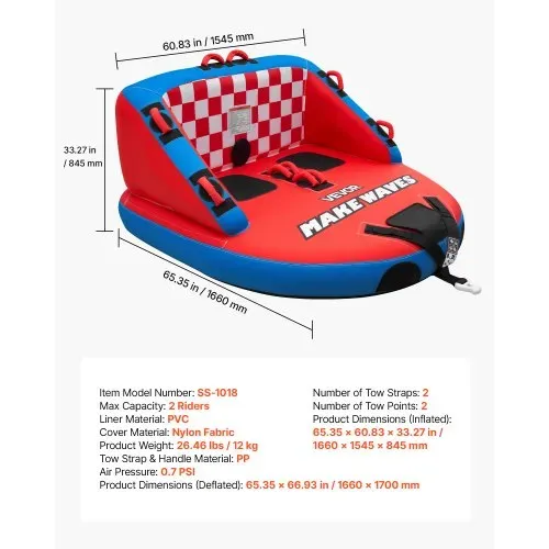 VEVOR Towable Tube für Boote, Wassersport-Schleppreifen für 2 Personen, bis 154 kg Tragfähigkeit, mit 2 Zugpunkten, Nylonhülle, Gepolsterten Griffen und Sicherheitsventil, für Seen, Flüsse, Rot – Bild 6