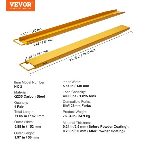 VEVOR 2er-Set Gabelverlängerungen 1820 mm Zinkenverlängerung 1,815 Tonnen Tragfähigkeit Gabelzinken Q235 Kohlenstoffstahl einteiliges Design Palettengabelverlängerung Kompatibel mit 127 mm Gabeln – Bild 6