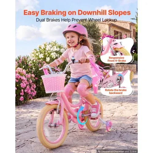 VEVOR Kinderfahrrad für 3-5 Straßenfahrrad 14 Zoll mit Stützrädern Rosa, Kinderrad für Mädchen, Kohlenstoffstahlrahmen, Doppelbremsen, Verstellbarer Sitz, mit Puppensitz & Korb, Prinzessin-Stil – Bild 2