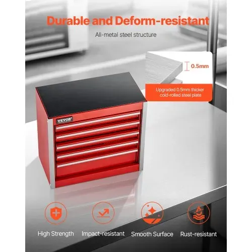 VEVOR Werkzeugkiste 218 x 118 x 205 mm, Werkzeugkasten aus Metall mit 5 Schubladen, Werkzeugkoffer mit EVA-Einlagen und PP-Fußpolstern, robuster Stahl mit Kugellageröffnung und Pulverbeschichtung, rot – Bild 5