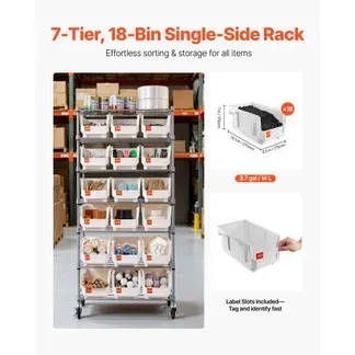 VEVOR Standregal, Lagerregal mit 7 Ebenen & 18 Stapelboxen, Bücherregal, Küchenregal mit Rollen, Werkzeugaufbewahrung für Garage, Lager, Büro, Restaurant, Klassenzimmer, Küche, 690x355x1490 mm VEVOR Standregal, Lagerregal mit 7 Ebenen & 18 Stapelboxen, Bücherregal, Küchenregal mit Rollen, Werkzeugaufbewahrung für Garage, Lager, Büro, Restaurant, Klassenzimmer, Küche, 690x355x1490 mm