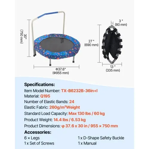 VEVOR Kindertrampolin Outdoor-Trampolin 91,44 cm faltbares Trampolin mit Griff, Rebounder-Trampolin Gartentrampolin für Kleinkinder, Geburtstagsgeschenk für Kinder ab 3 Jahren 100 kg belastbar Blau – Bild 6
